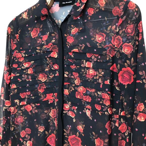 Kooples Romantic Rose Muslin Blouse Black Red Sheer Button Down xs - Picture 4 of 10